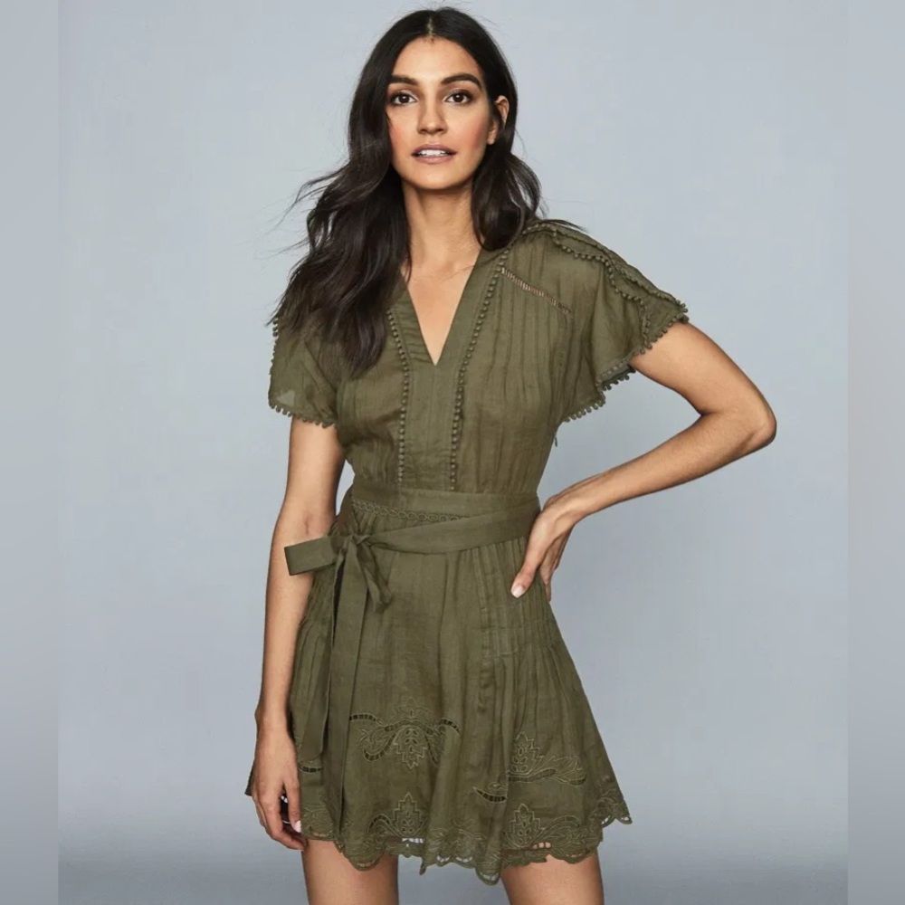 Reiss Olive Green V-Neck Short Sleeve Belted Mini Dress